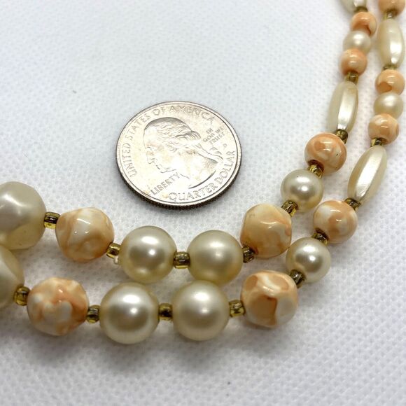 Vintage Hong Kong Beaded 2 Strand Graduated Bead 16-18'' Necklace Cream & Orange - Picture 5 of 6